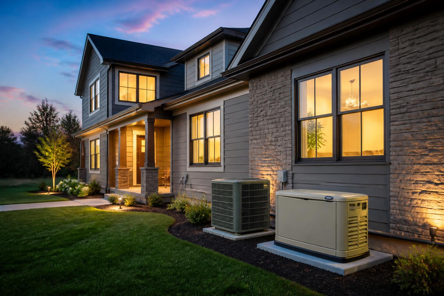 Modern home with HVAC and standby generator at dusk